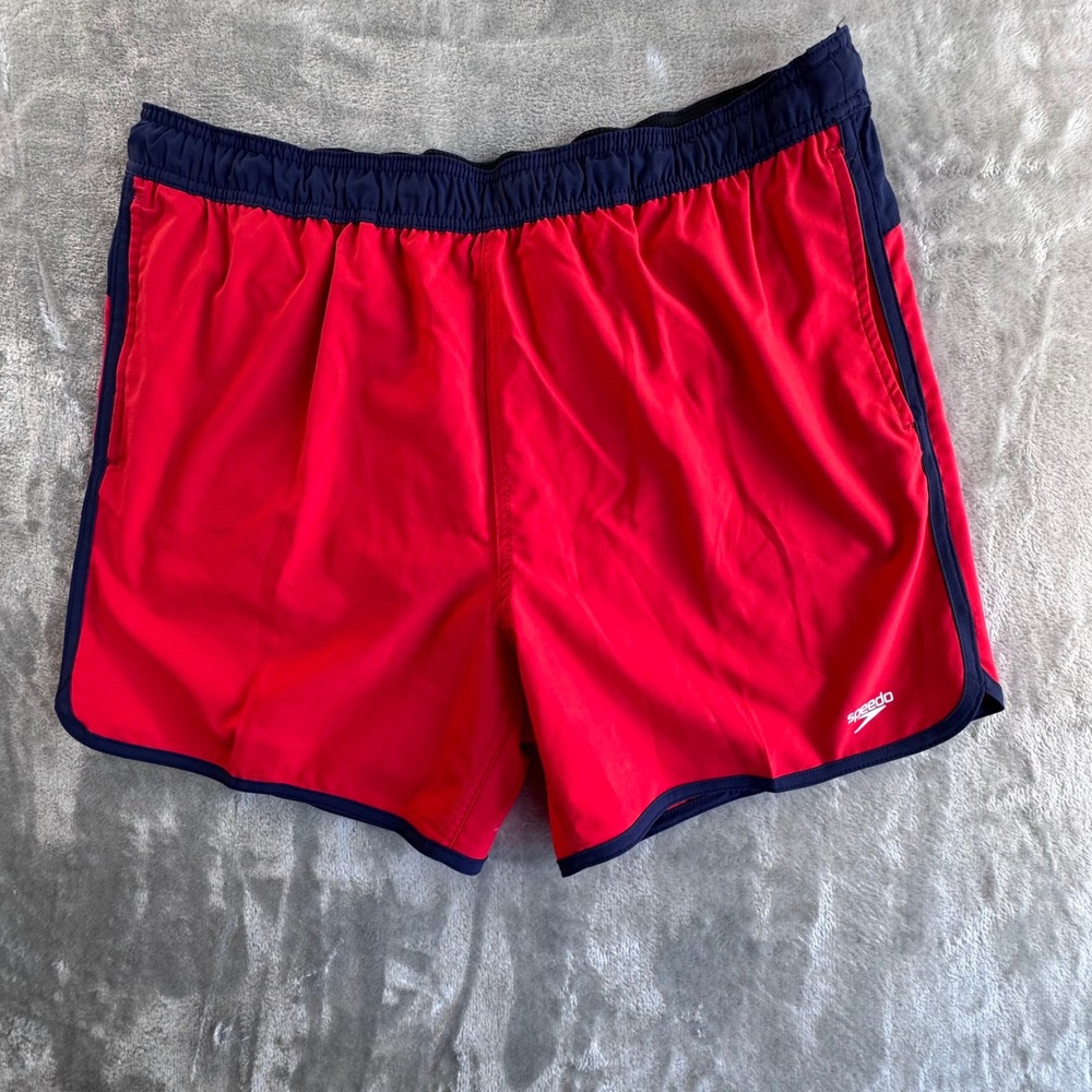 Speedo Running Shorts Mens L Red Blue‎ Retro Split Hem Mesh Lined 5" Athletic